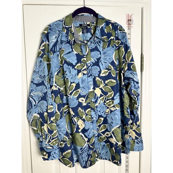 Chaps Shirt Blouse Shirt Tropical Coastal Palm Leaf Print Plus 2X Contras Cuff - Picture 2 of 8